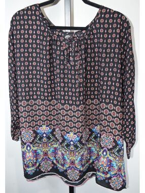 Bobeau Black Medallion Paisley Print Tie Neck Blouse Long Sleeve Plus Size 2X